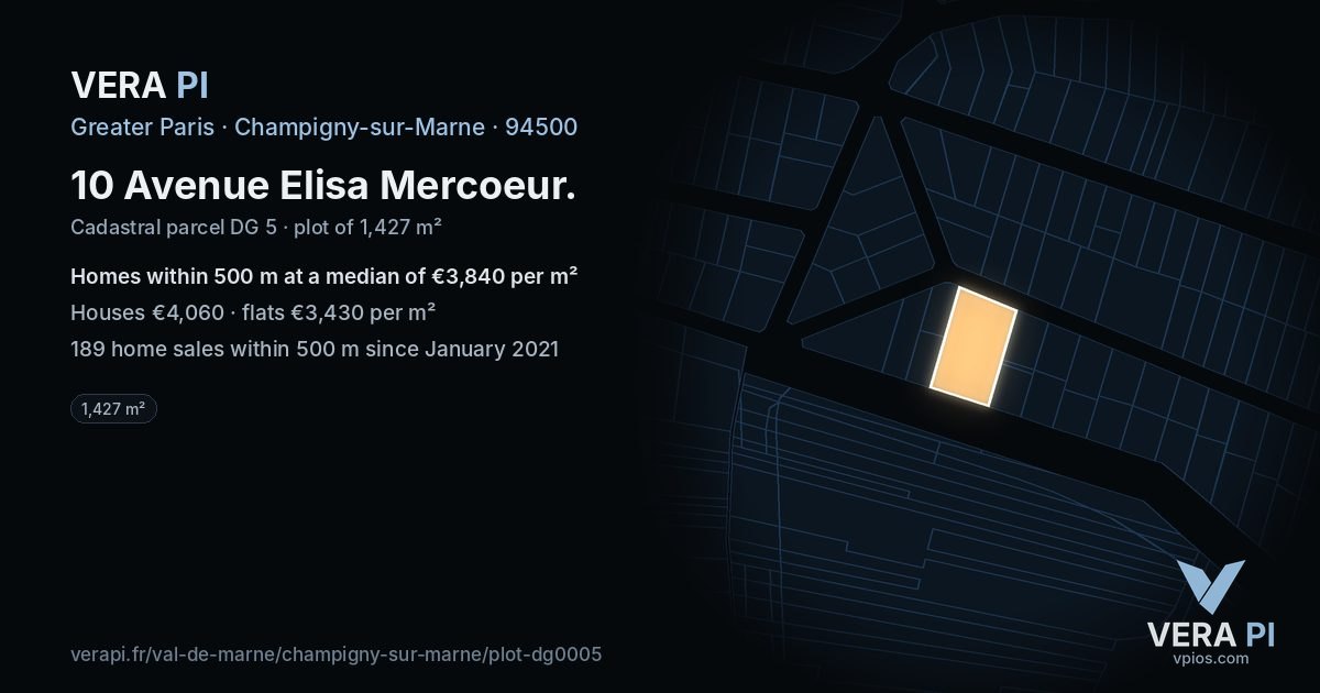 10 Avenue Elisa Mercoeur, Champigny-sur-Marne at night – the plot lit, the parcels around coloured by the prices near them