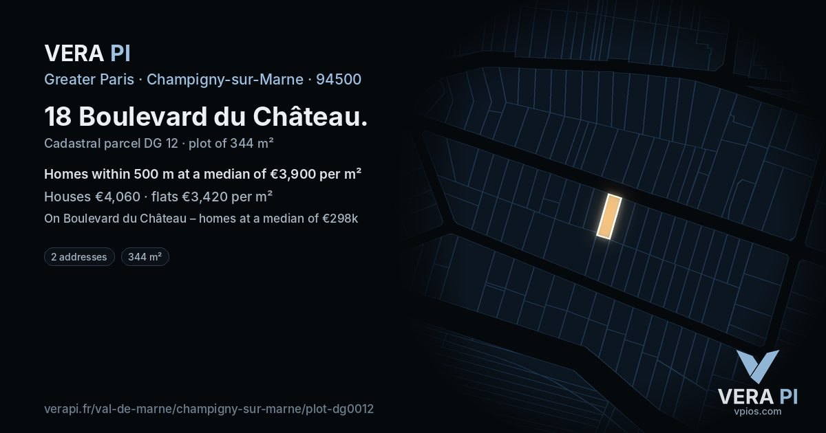 18 Boulevard du Château, Champigny-sur-Marne at night – the plot lit, the parcels around coloured by the prices near them