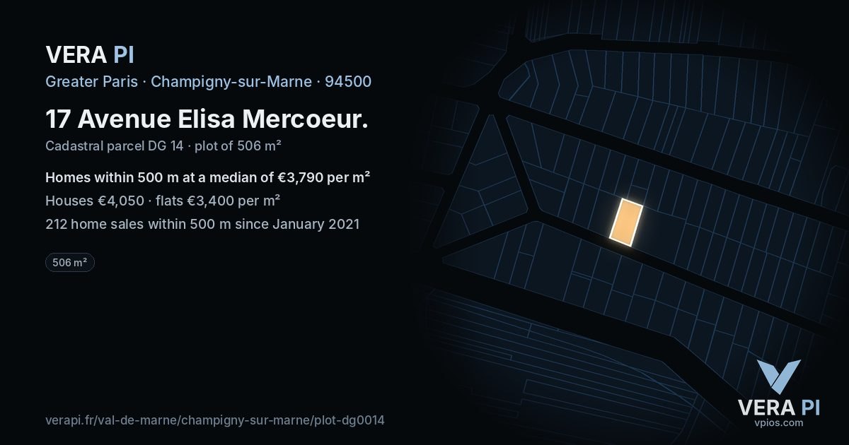 17 Avenue Elisa Mercoeur, Champigny-sur-Marne at night – the plot lit, the parcels around coloured by the prices near them