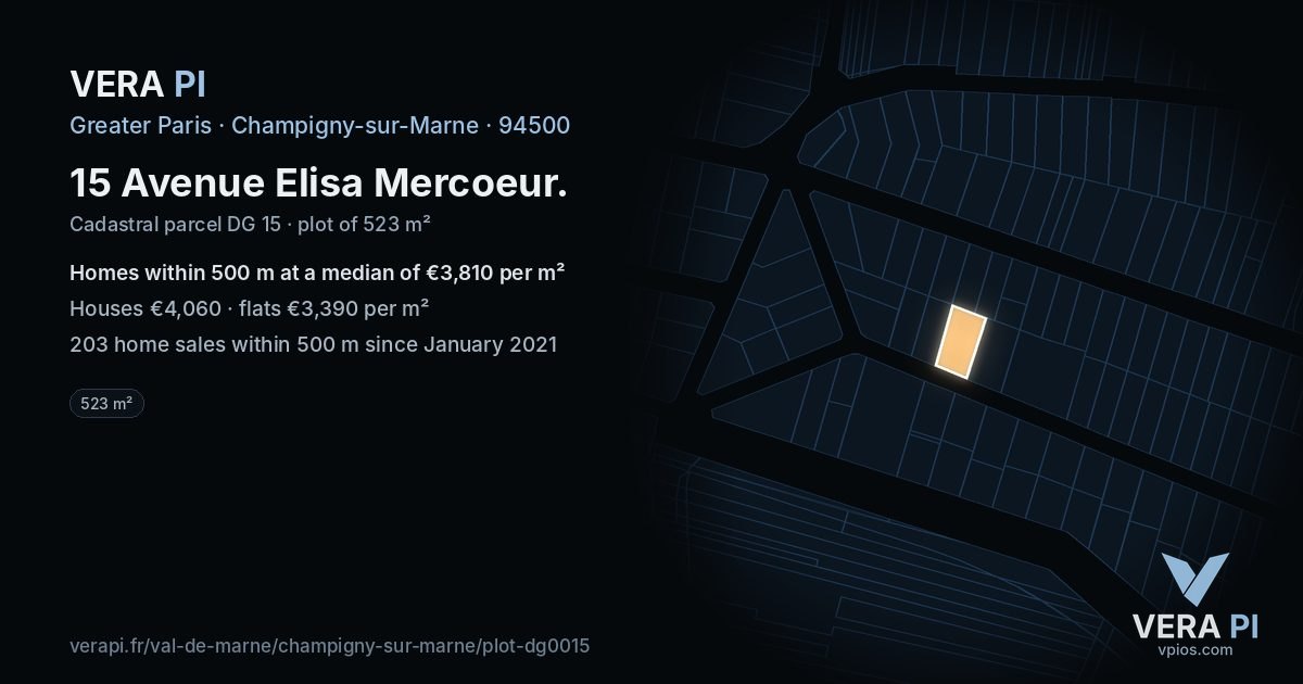 15 Avenue Elisa Mercoeur, Champigny-sur-Marne at night – the plot lit, the parcels around coloured by the prices near them
