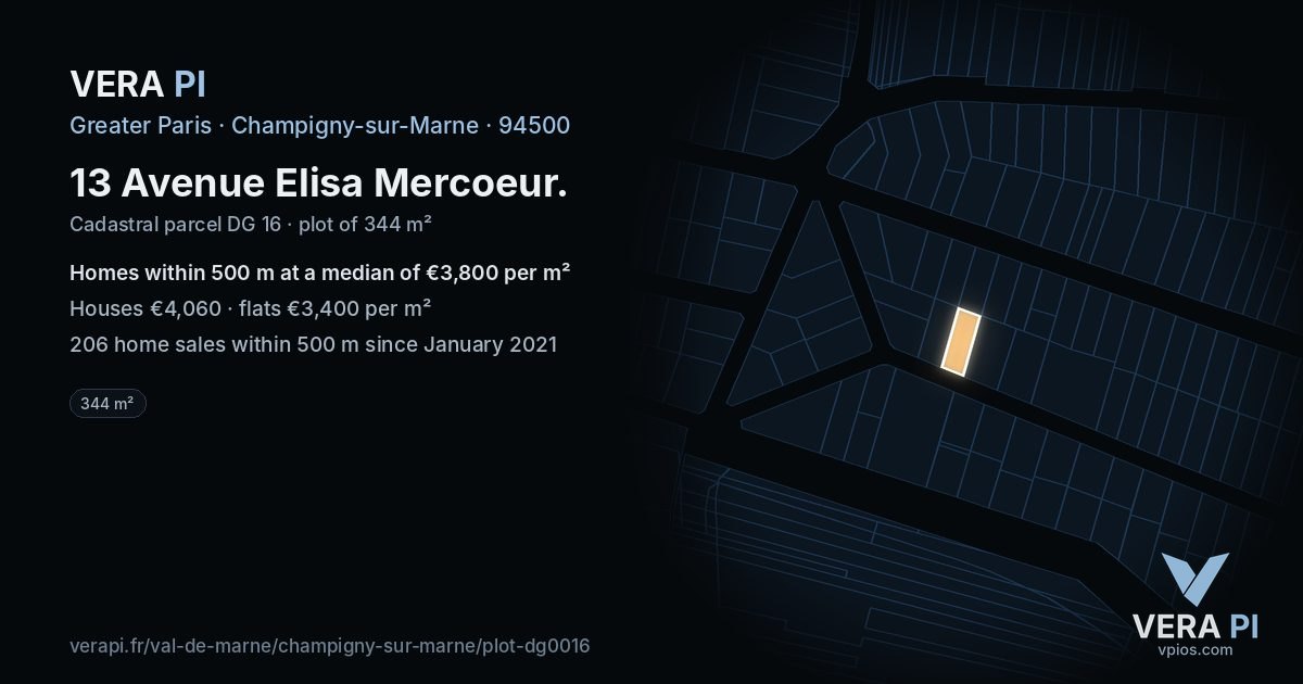 13 Avenue Elisa Mercoeur, Champigny-sur-Marne at night – the plot lit, the parcels around coloured by the prices near them