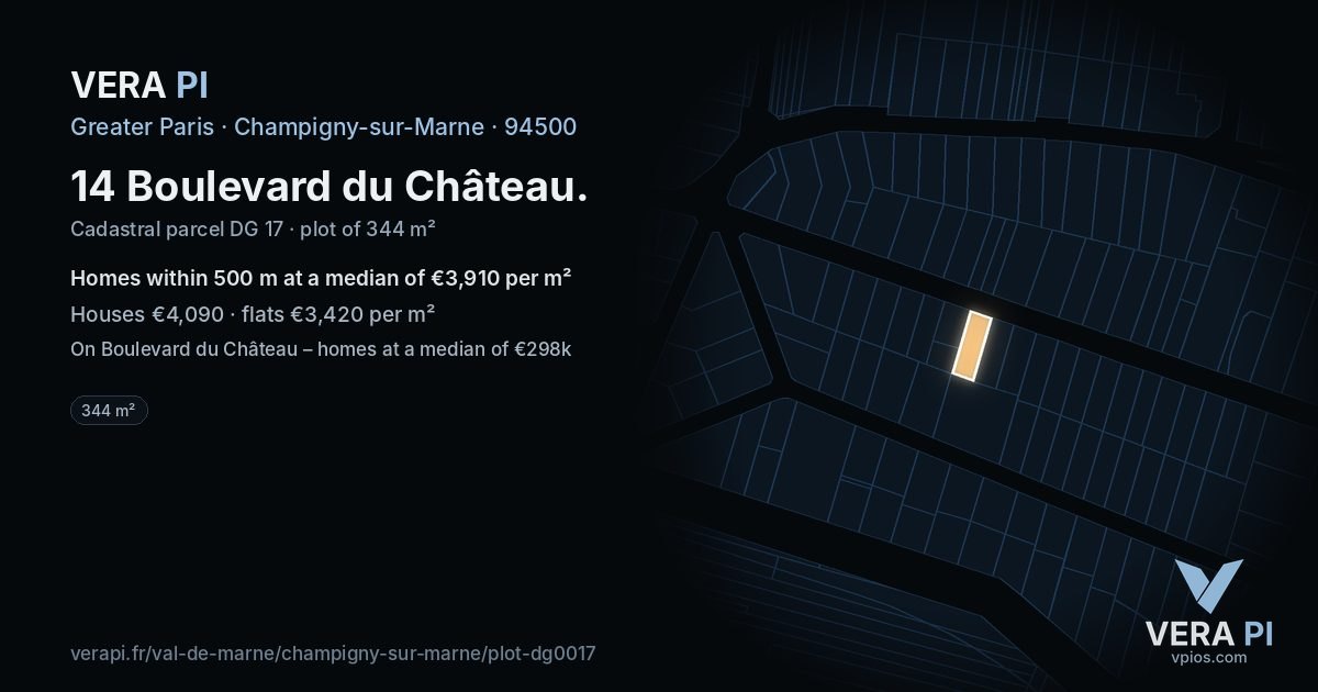 14 Boulevard du Château, Champigny-sur-Marne at night – the plot lit, the parcels around coloured by the prices near them
