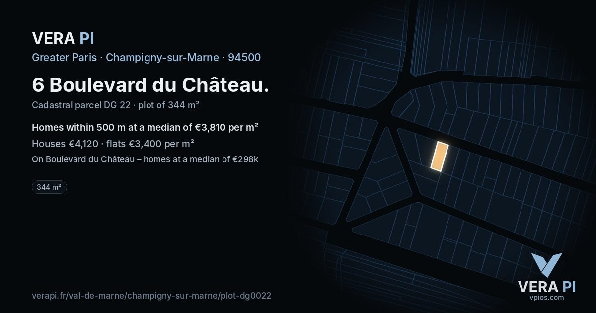 6 Boulevard du Château, Champigny-sur-Marne at night – the plot lit, the parcels around coloured by the prices near them
