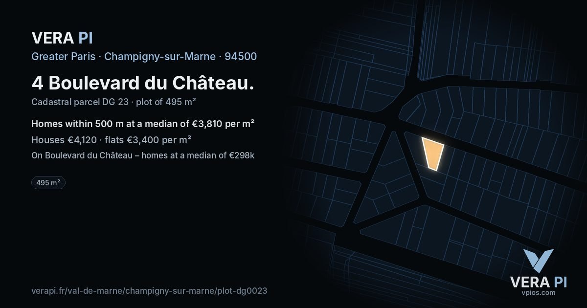 4 Boulevard du Château, Champigny-sur-Marne at night – the plot lit, the parcels around coloured by the prices near them