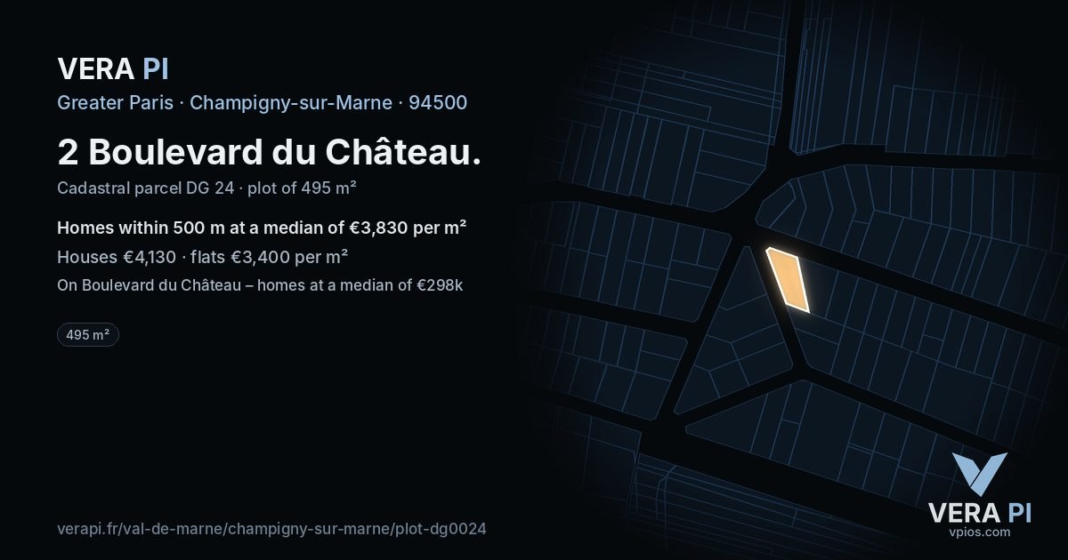 2 Boulevard du Château, Champigny-sur-Marne at night – the plot lit, the parcels around coloured by the prices near them