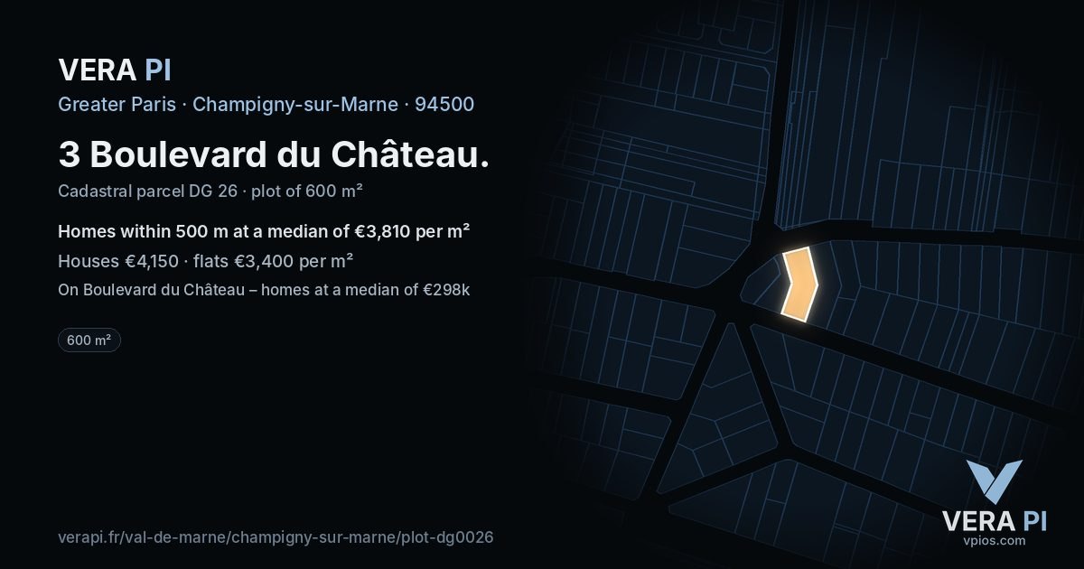 3 Boulevard du Château, Champigny-sur-Marne at night – the plot lit, the parcels around coloured by the prices near them