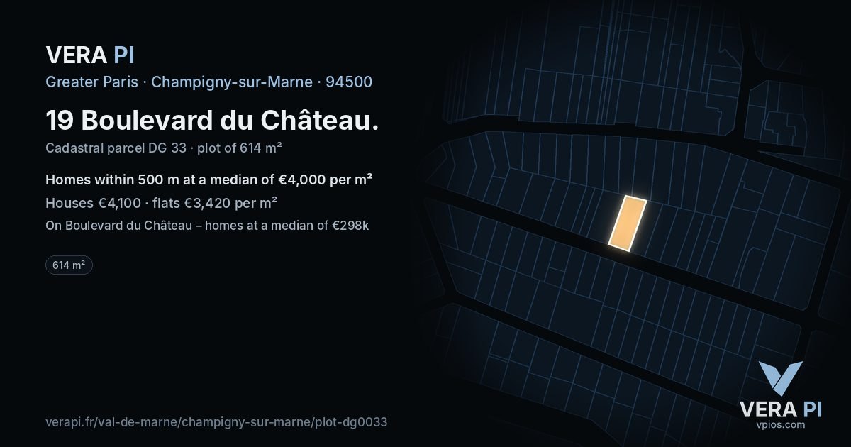 19 Boulevard du Château, Champigny-sur-Marne at night – the plot lit, the parcels around coloured by the prices near them