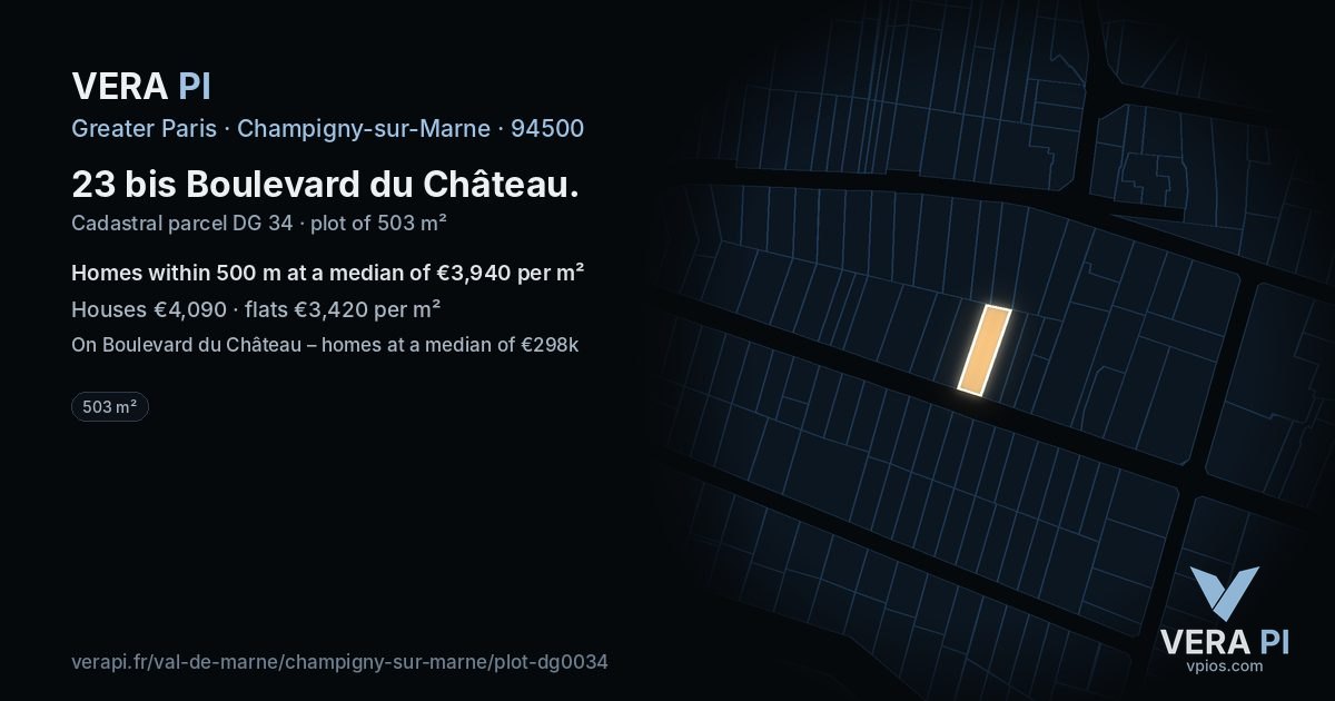 23 bis Boulevard du Château, Champigny-sur-Marne at night – the plot lit, the parcels around coloured by the prices near them