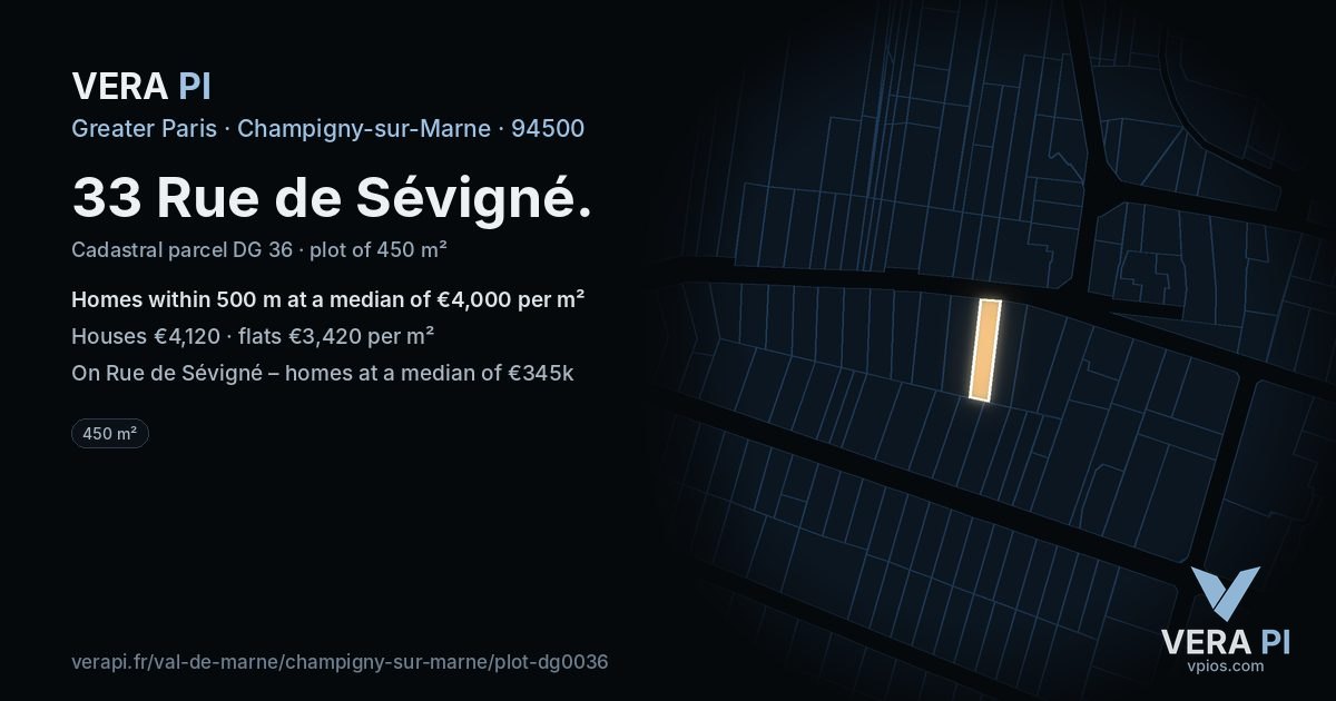 33 Rue de Sévigné, Champigny-sur-Marne at night – the plot lit, the parcels around coloured by the prices near them