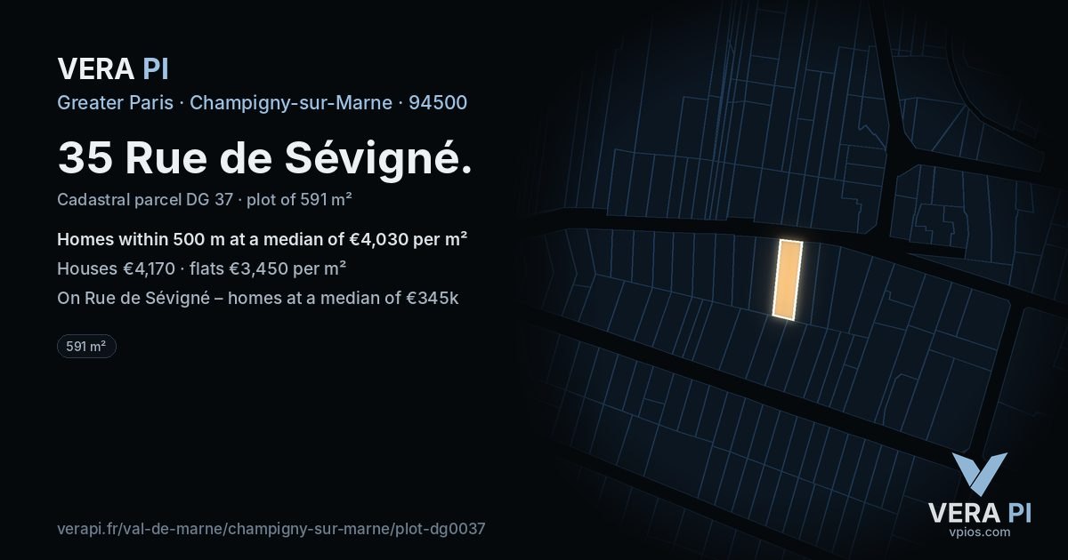 35 Rue de Sévigné, Champigny-sur-Marne at night – the plot lit, the parcels around coloured by the prices near them