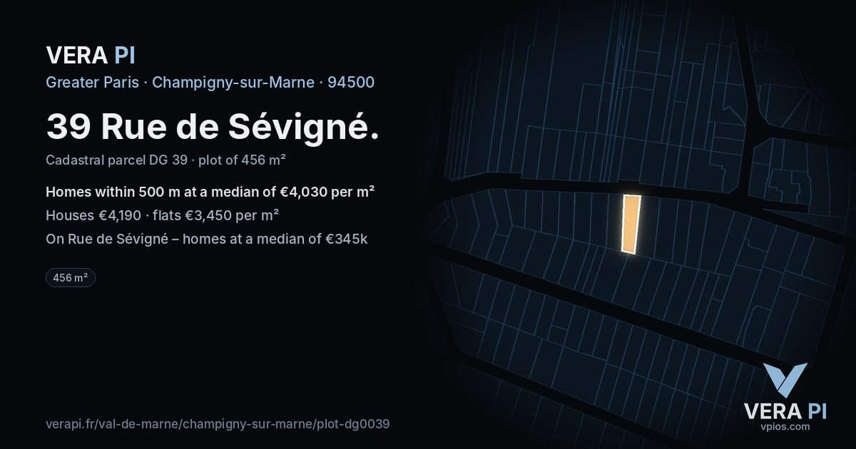 39 Rue de Sévigné, Champigny-sur-Marne at night – the plot lit, the parcels around coloured by the prices near them