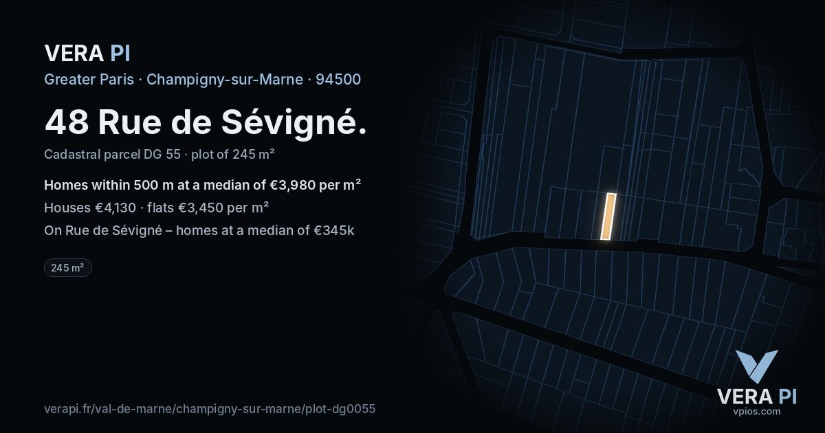 48 Rue de Sévigné, Champigny-sur-Marne at night – the plot lit, the parcels around coloured by the prices near them