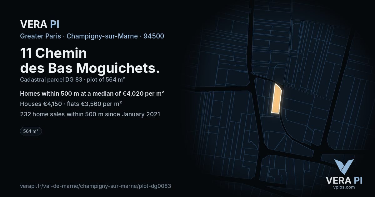 11 Chemin des Bas Moguichets, Champigny-sur-Marne at night – the plot lit, the parcels around coloured by the prices near them