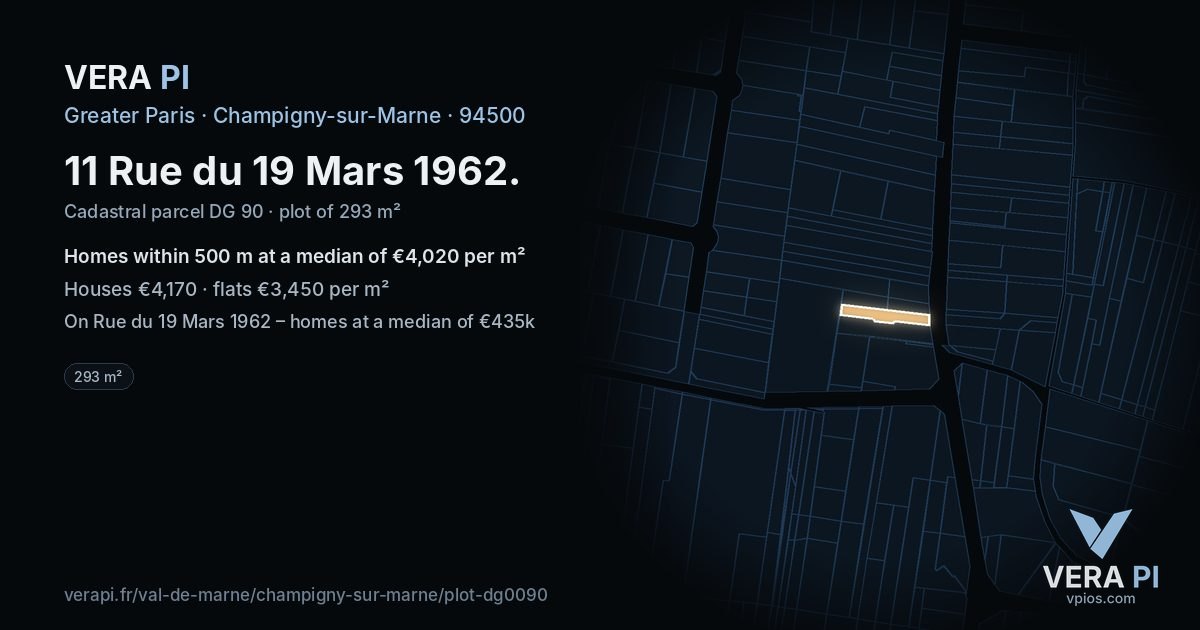 11 Rue du 19 Mars 1962, Champigny-sur-Marne at night – the plot lit, the parcels around coloured by the prices near them