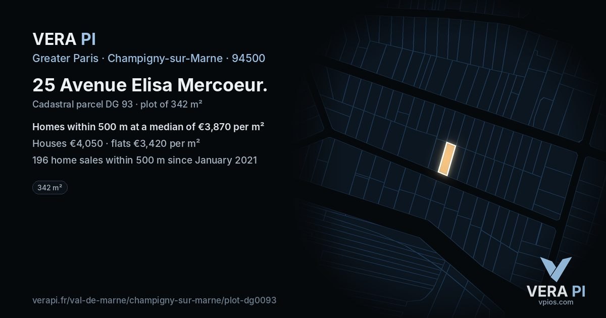 25 Avenue Elisa Mercoeur, Champigny-sur-Marne at night – the plot lit, the parcels around coloured by the prices near them