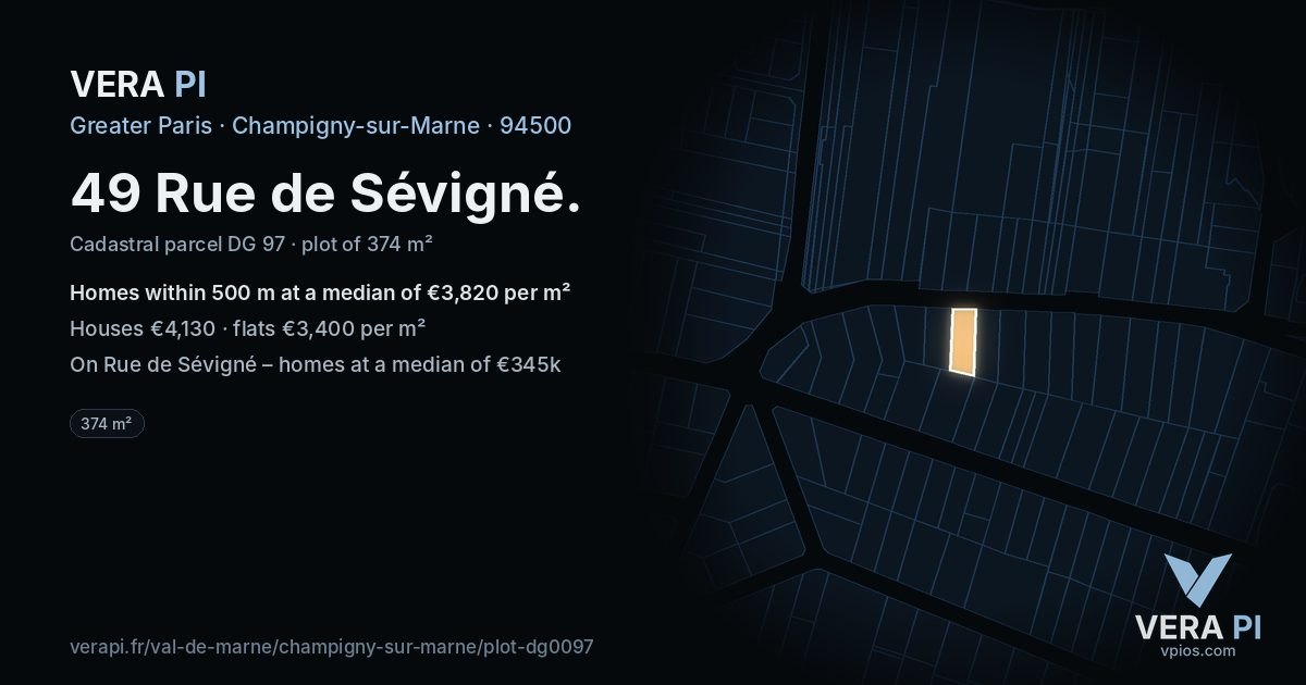 49 Rue de Sévigné, Champigny-sur-Marne at night – the plot lit, the parcels around coloured by the prices near them