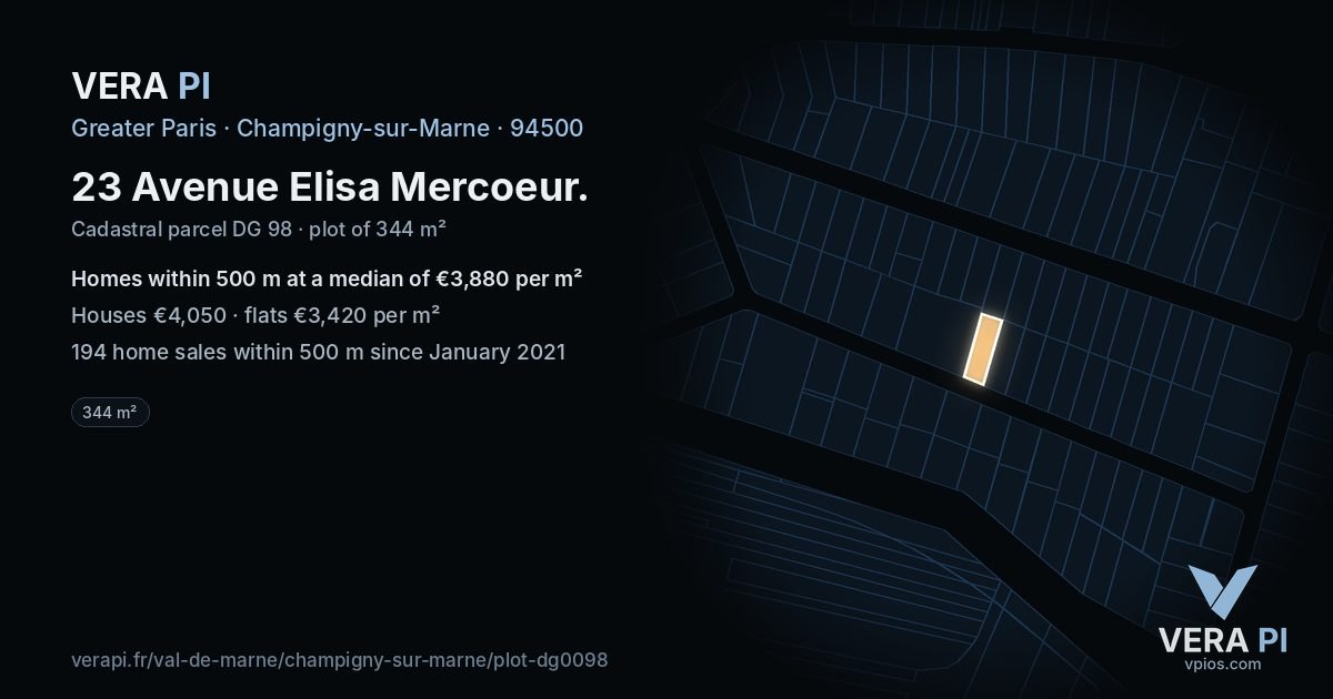 23 Avenue Elisa Mercoeur, Champigny-sur-Marne at night – the plot lit, the parcels around coloured by the prices near them