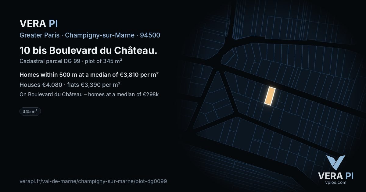 10 bis Boulevard du Château, Champigny-sur-Marne at night – the plot lit, the parcels around coloured by the prices near them