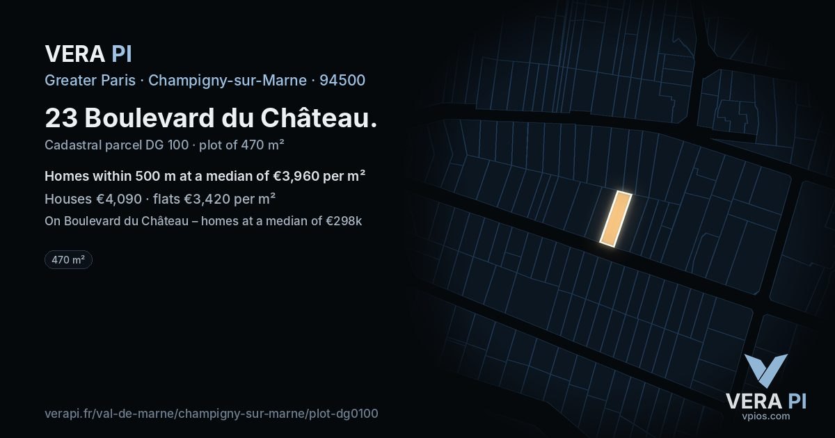 23 Boulevard du Château, Champigny-sur-Marne at night – the plot lit, the parcels around coloured by the prices near them