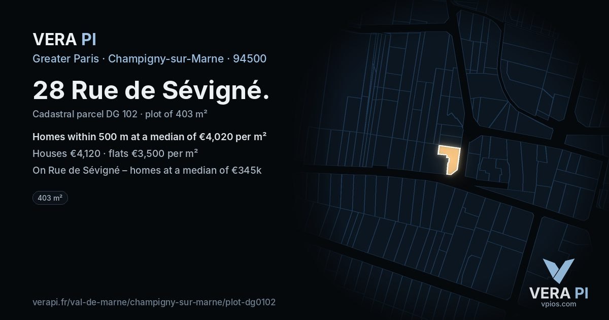 28 Rue de Sévigné, Champigny-sur-Marne at night – the plot lit, the parcels around coloured by the prices near them