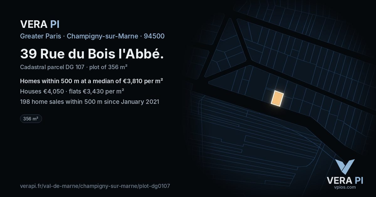 39 Rue du Bois l'Abbé, Champigny-sur-Marne at night – the plot lit, the parcels around coloured by the prices near them