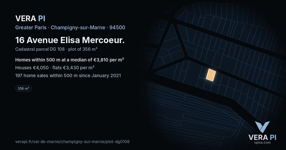 16 Avenue Elisa Mercoeur, Champigny-sur-Marne at night – the plot lit, the parcels around coloured by the prices near them