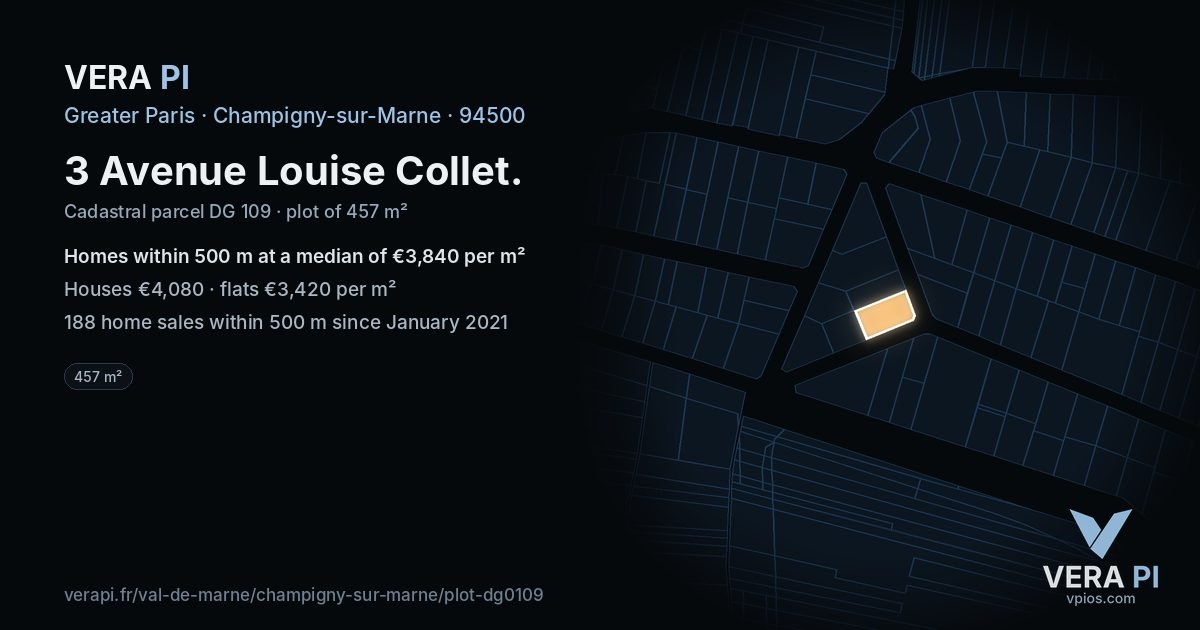 3 Avenue Louise Collet, Champigny-sur-Marne at night – the plot lit, the parcels around coloured by the prices near them