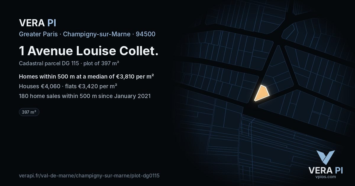 1 Avenue Louise Collet, Champigny-sur-Marne at night – the plot lit, the parcels around coloured by the prices near them
