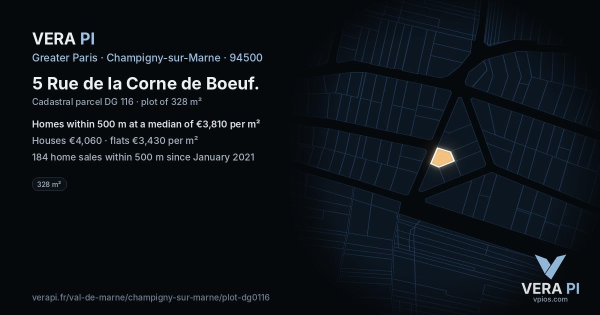 5 Rue de la Corne de Boeuf, Champigny-sur-Marne at night – the plot lit, the parcels around coloured by the prices near them