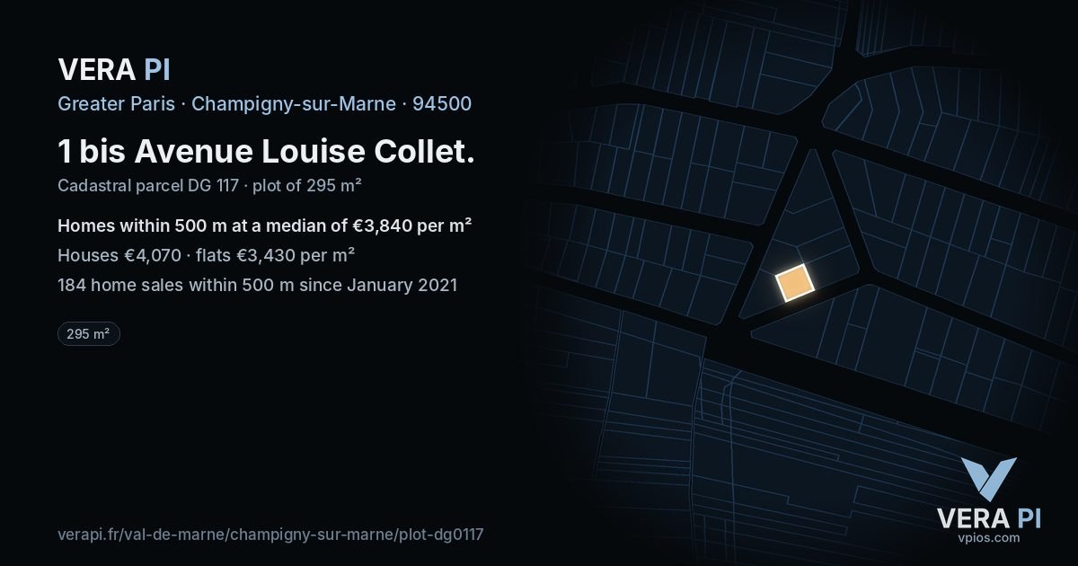 1 bis Avenue Louise Collet, Champigny-sur-Marne at night – the plot lit, the parcels around coloured by the prices near them