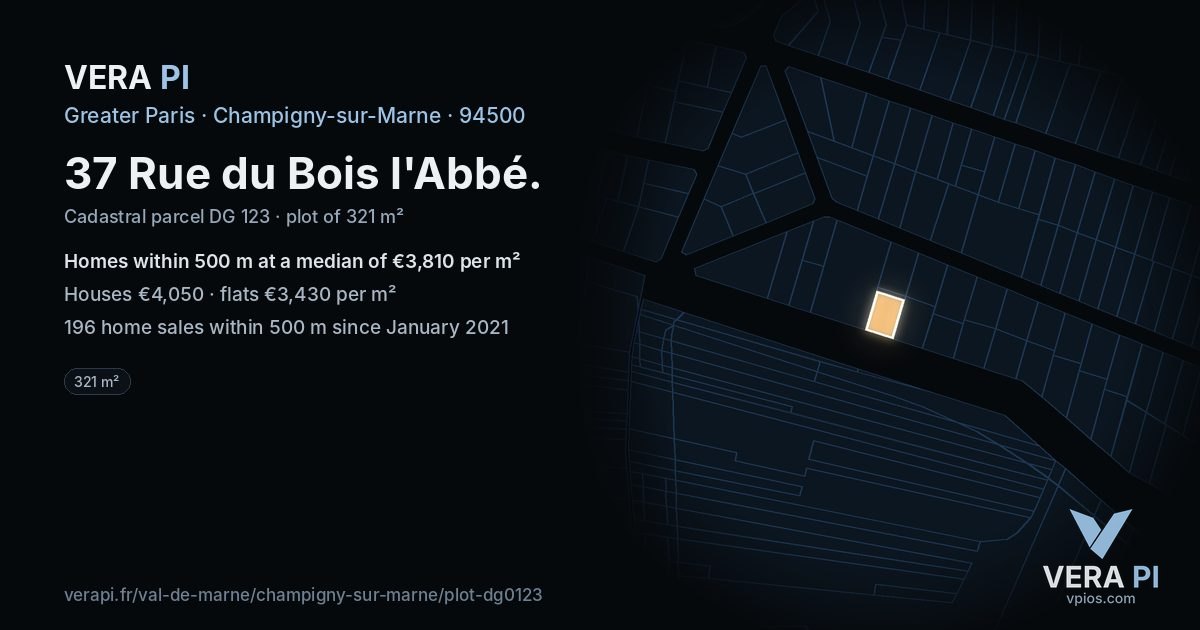 37 Rue du Bois l'Abbé, Champigny-sur-Marne at night – the plot lit, the parcels around coloured by the prices near them