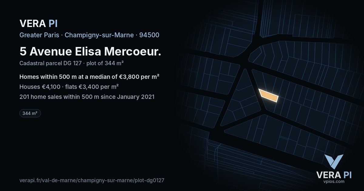 5 Avenue Elisa Mercoeur, Champigny-sur-Marne at night – the plot lit, the parcels around coloured by the prices near them