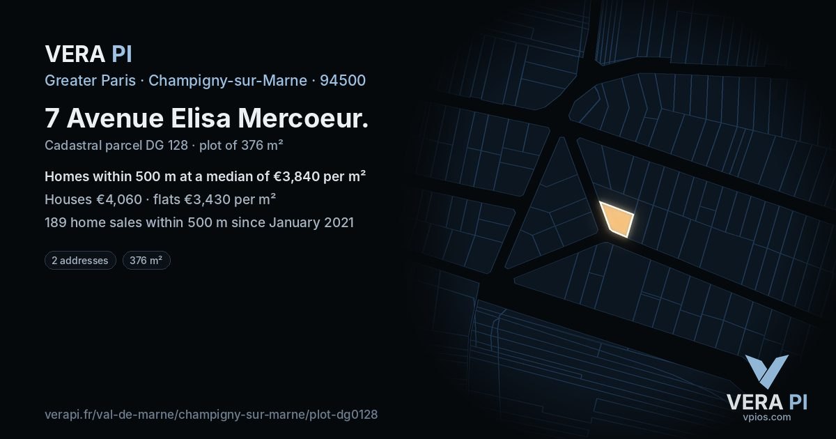 7 Avenue Elisa Mercoeur, Champigny-sur-Marne at night – the plot lit, the parcels around coloured by the prices near them
