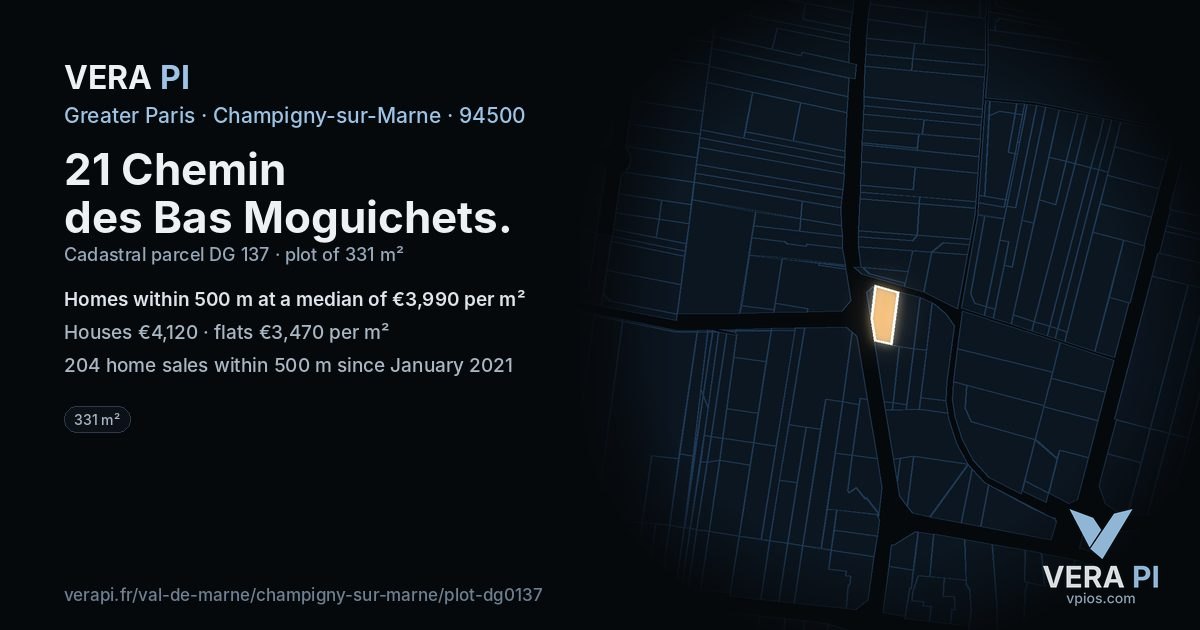 21 Chemin des Bas Moguichets, Champigny-sur-Marne at night – the plot lit, the parcels around coloured by the prices near them