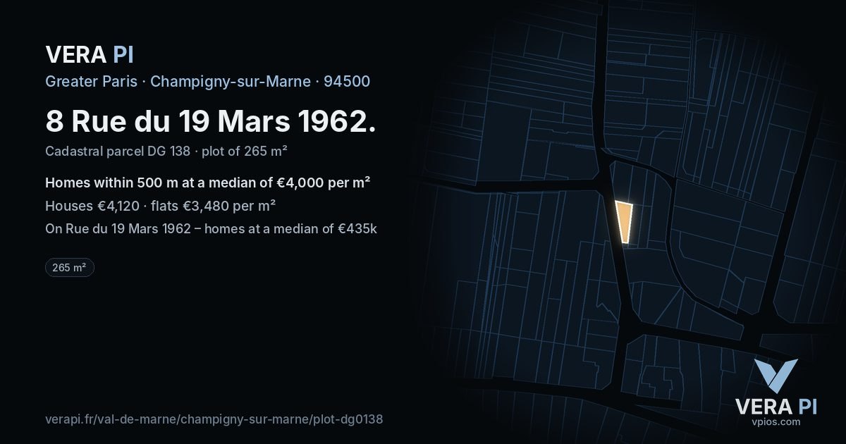 8 Rue du 19 Mars 1962, Champigny-sur-Marne at night – the plot lit, the parcels around coloured by the prices near them