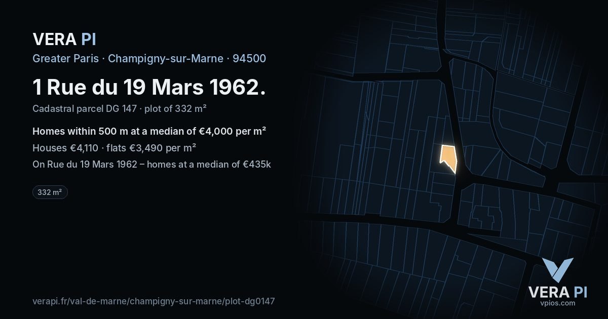 1 Rue du 19 Mars 1962, Champigny-sur-Marne at night – the plot lit, the parcels around coloured by the prices near them