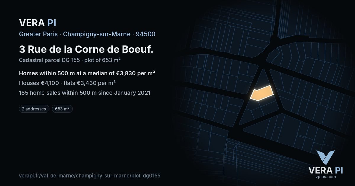 3 Rue de la Corne de Boeuf, Champigny-sur-Marne at night – the plot lit, the parcels around coloured by the prices near them