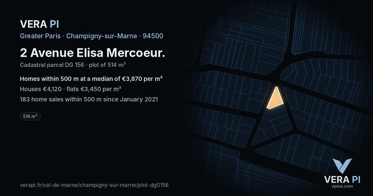 2 Avenue Elisa Mercoeur, Champigny-sur-Marne at night – the plot lit, the parcels around coloured by the prices near them