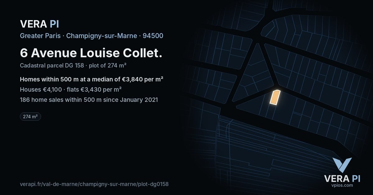 6 Avenue Louise Collet, Champigny-sur-Marne at night – the plot lit, the parcels around coloured by the prices near them