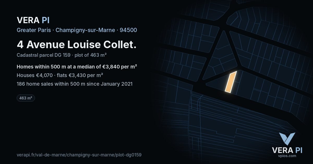 4 Avenue Louise Collet, Champigny-sur-Marne at night – the plot lit, the parcels around coloured by the prices near them