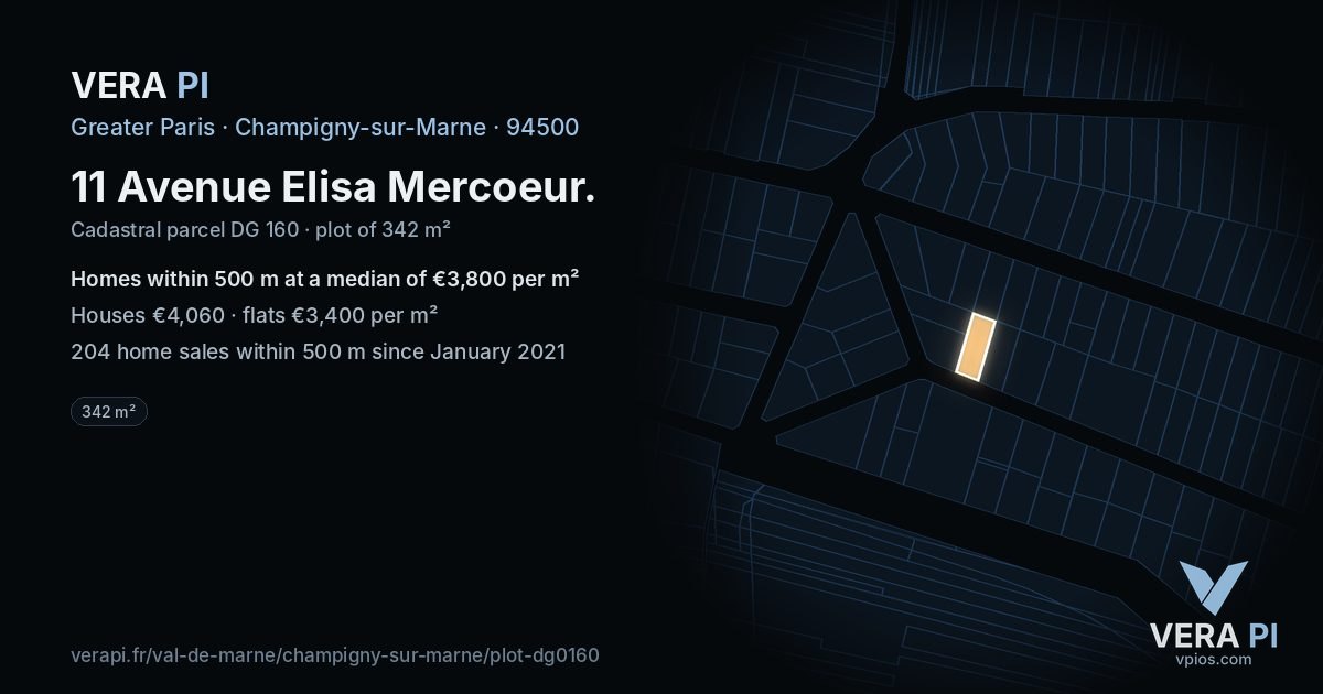 11 Avenue Elisa Mercoeur, Champigny-sur-Marne at night – the plot lit, the parcels around coloured by the prices near them