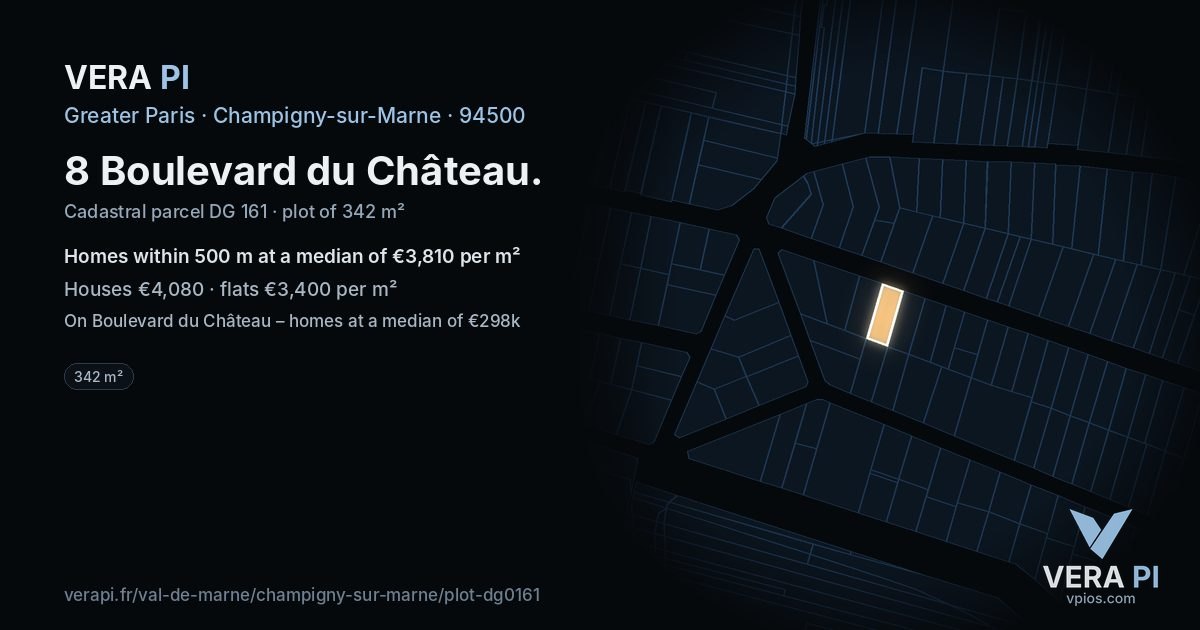 8 Boulevard du Château, Champigny-sur-Marne at night – the plot lit, the parcels around coloured by the prices near them