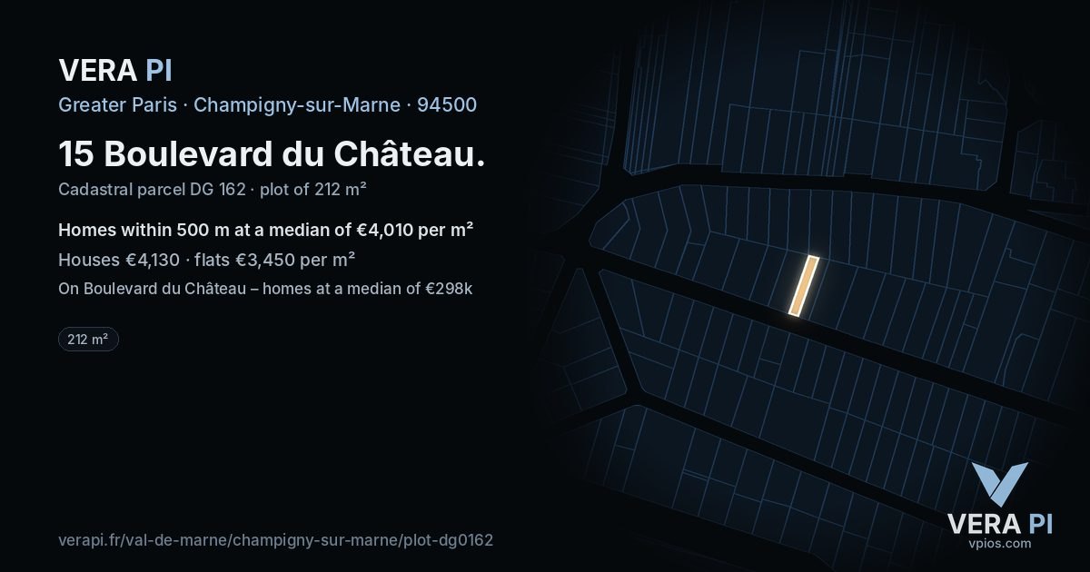 15 Boulevard du Château, Champigny-sur-Marne at night – the plot lit, the parcels around coloured by the prices near them