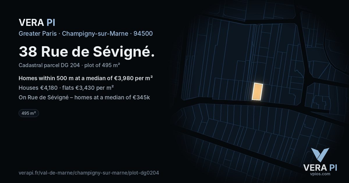 38 Rue de Sévigné, Champigny-sur-Marne at night – the plot lit, the parcels around coloured by the prices near them
