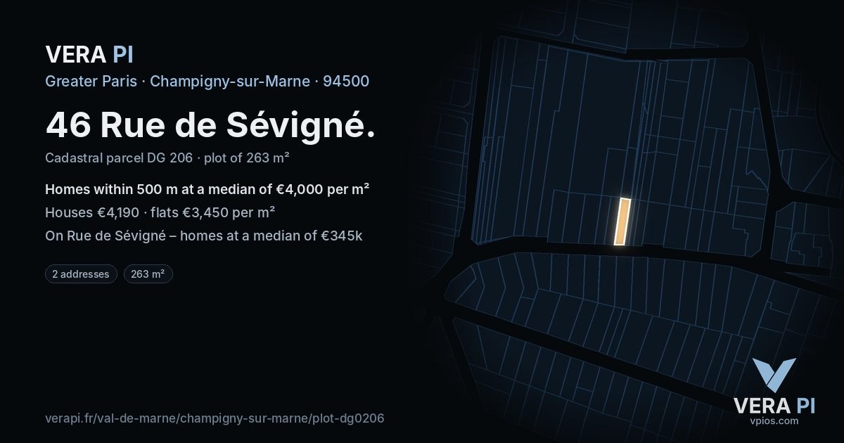 46 Rue de Sévigné, Champigny-sur-Marne at night – the plot lit, the parcels around coloured by the prices near them