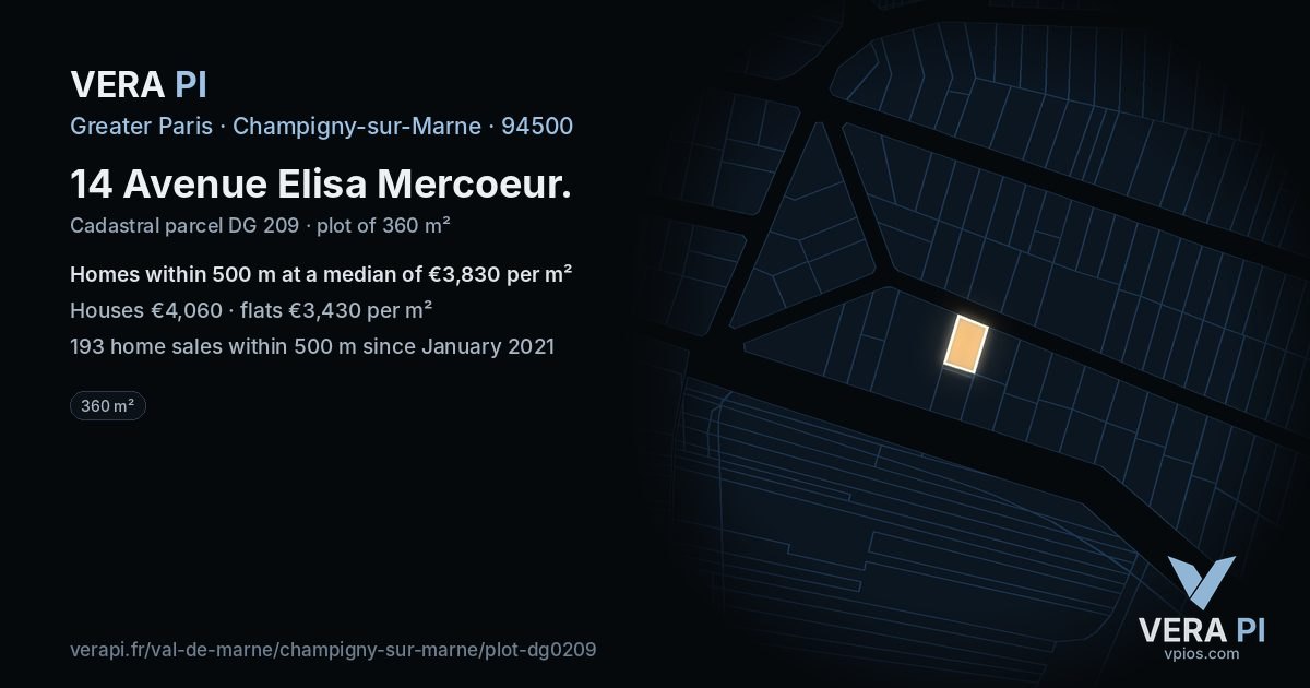 14 Avenue Elisa Mercoeur, Champigny-sur-Marne at night – the plot lit, the parcels around coloured by the prices near them