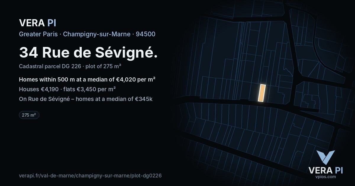 34 Rue de Sévigné, Champigny-sur-Marne at night – the plot lit, the parcels around coloured by the prices near them