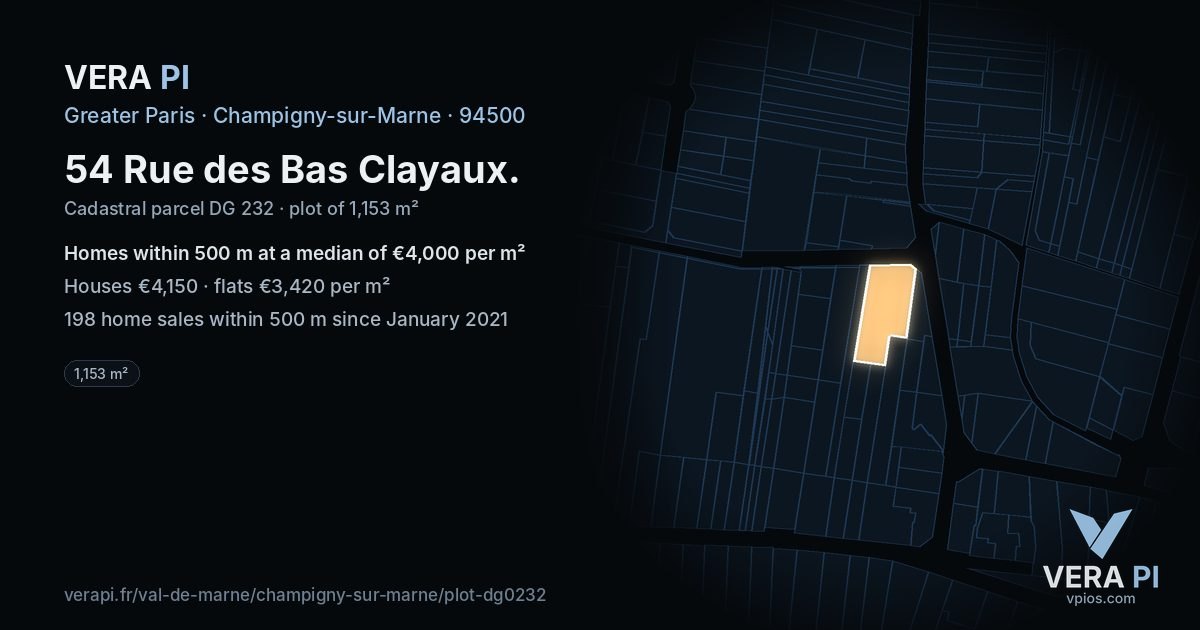 54 Rue des Bas Clayaux, Champigny-sur-Marne at night – the plot lit, the parcels around coloured by the prices near them