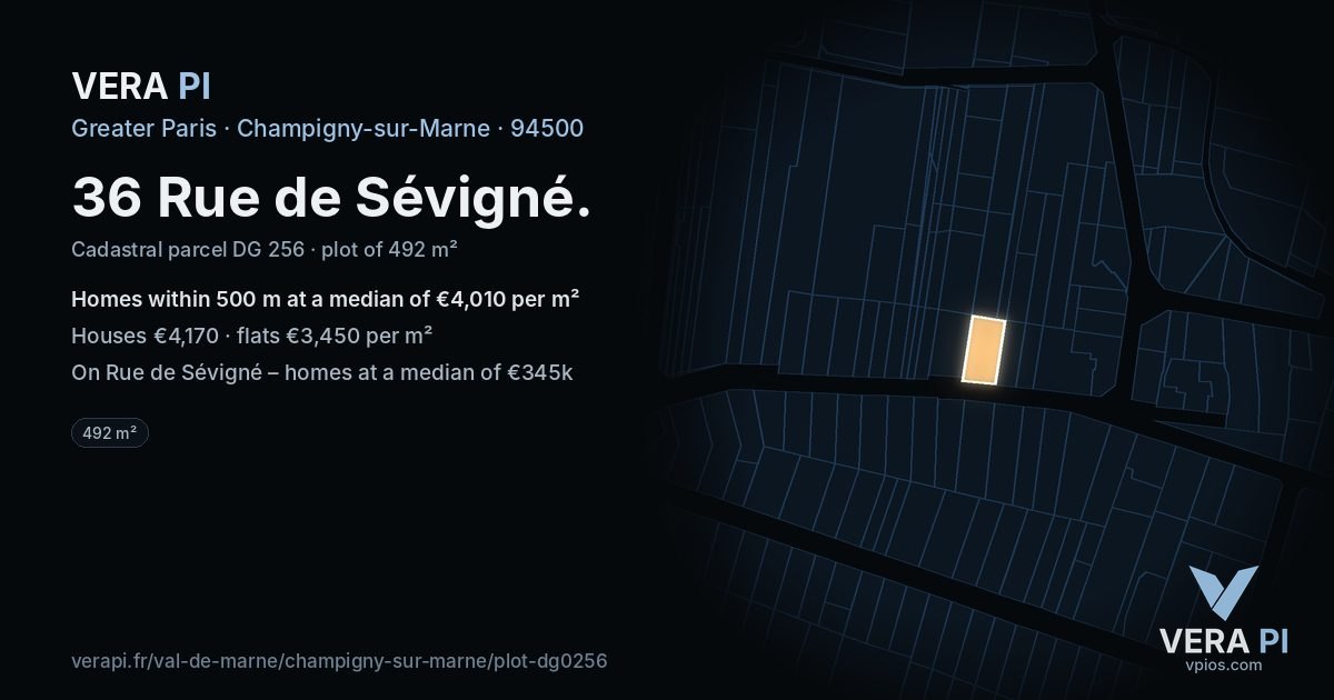 36 Rue de Sévigné, Champigny-sur-Marne at night – the plot lit, the parcels around coloured by the prices near them