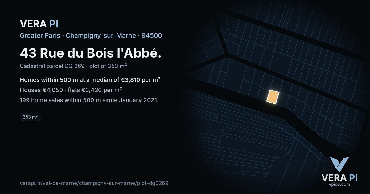 43 Rue du Bois l'Abbé, Champigny-sur-Marne at night – the plot lit, the parcels around coloured by the prices near them